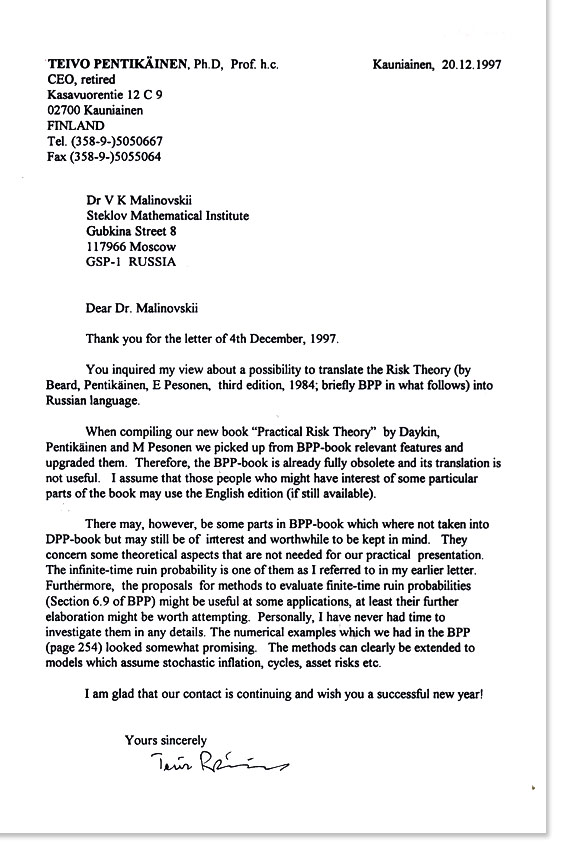 Letter of Teivo Pentikäinen to V.K. Malinovskii dated 20.12.1997 
